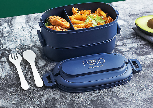 Japanese Portable Double Layer Bento Lunch Box with Cutlery