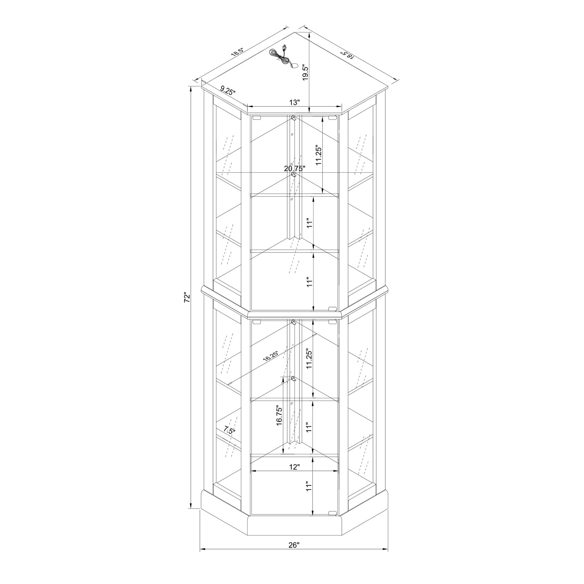 6 shelves corner Curio display cabinet with light mirror and adjustable shelves, walnut wood (excluding E26 light bulbs) - Korvel