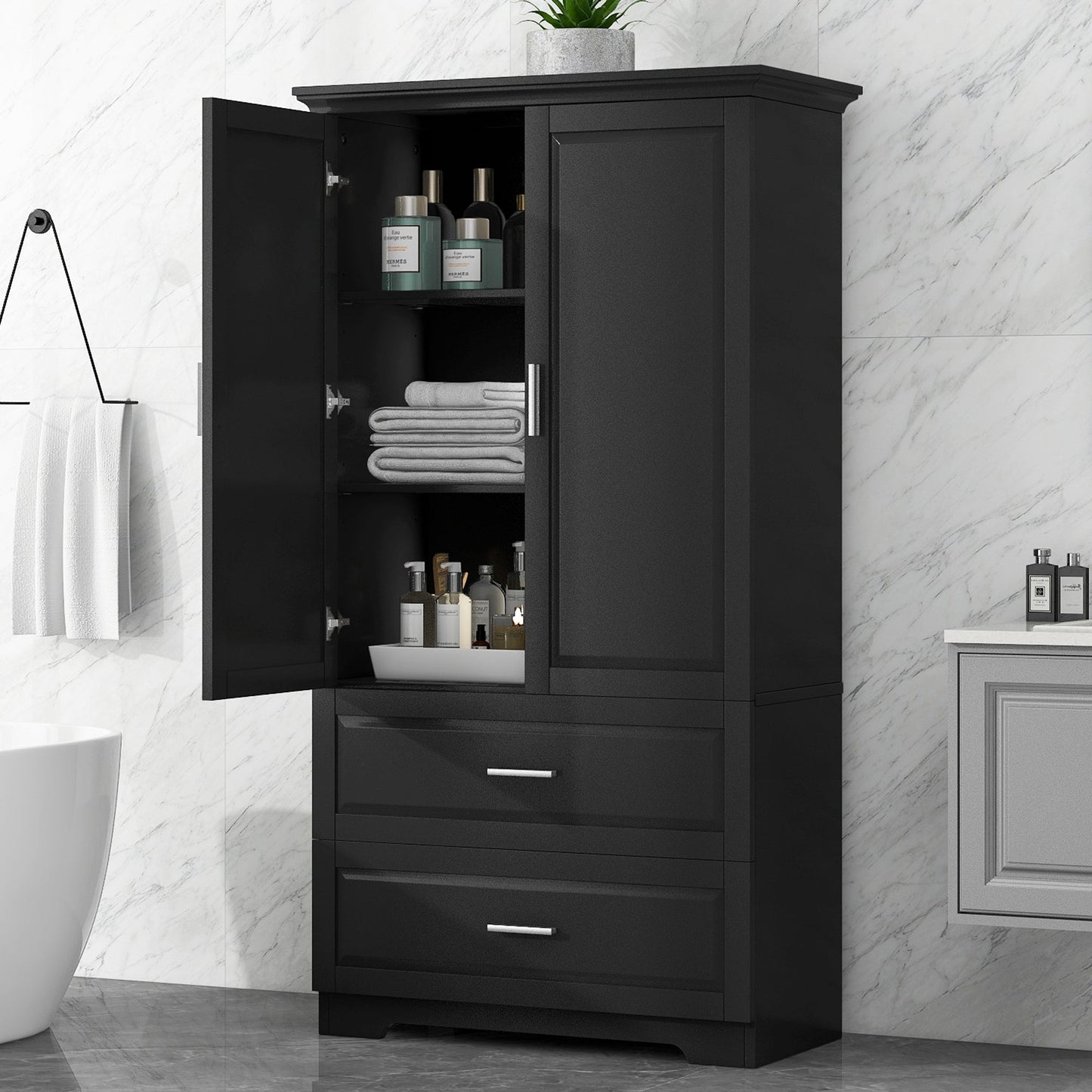 Tall Bathroom Storage Cabinet, Cabinet with Two Doors and Drawers, Adjustable Shelf, MDF Board, Black - Korvel