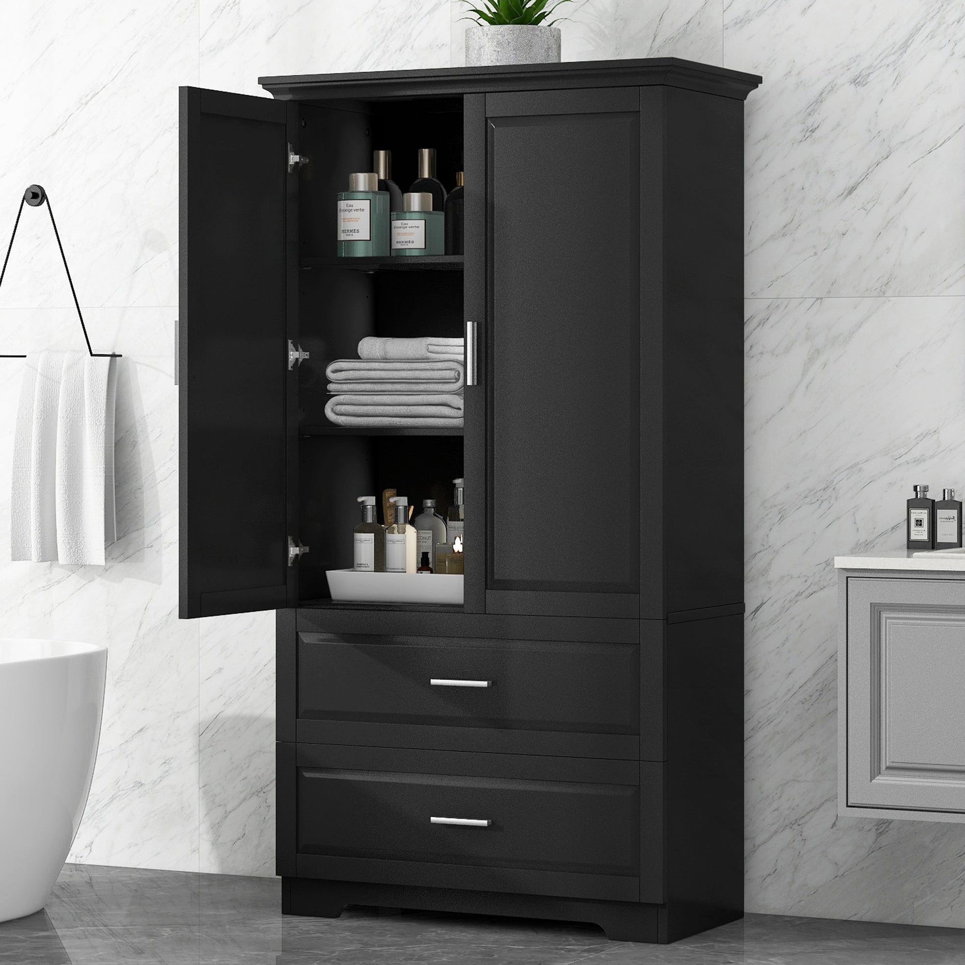 Tall Bathroom Storage Cabinet, Cabinet with Two Doors and Drawers, Adjustable Shelf, MDF Board, Black - Korvel