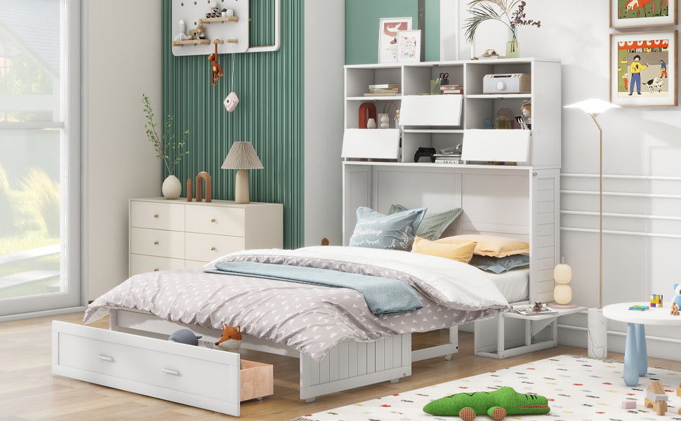 ueen Size Murphy Bed with Bookcase, Bedside Shelves and a Big Drawer, White - Korvel