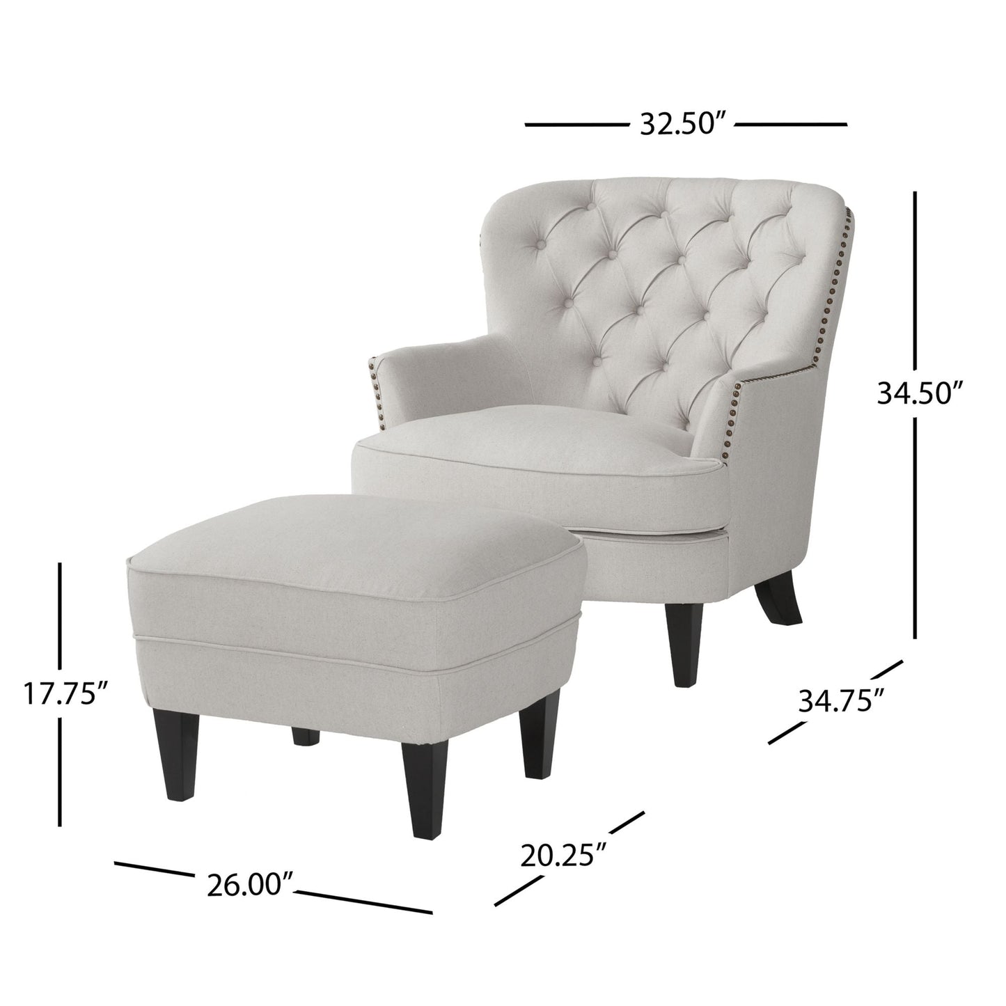 Modern light grey fabric club chair and Ottoman set, stylish cushioned armchair, paired with Ottoman style - Korvel