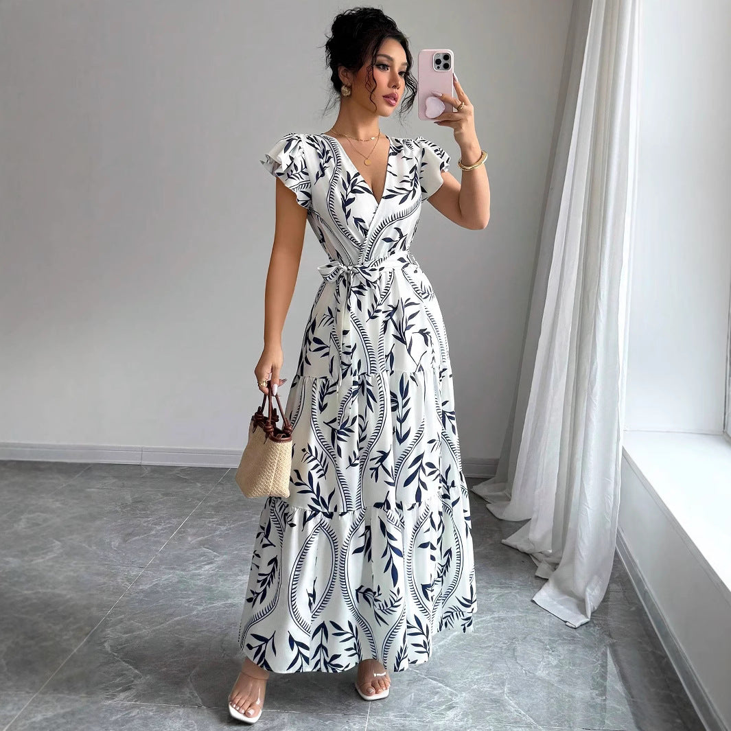 Spring Summer New Printed Ruffled V-Neck Sexy Fitted Slimming Long Dress Gown - Korvel