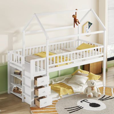 TWIN/TWIN HOUSE BUNK BED WITH SHELVES AND DRAWERS FOR WHITE COLOR - Korvel