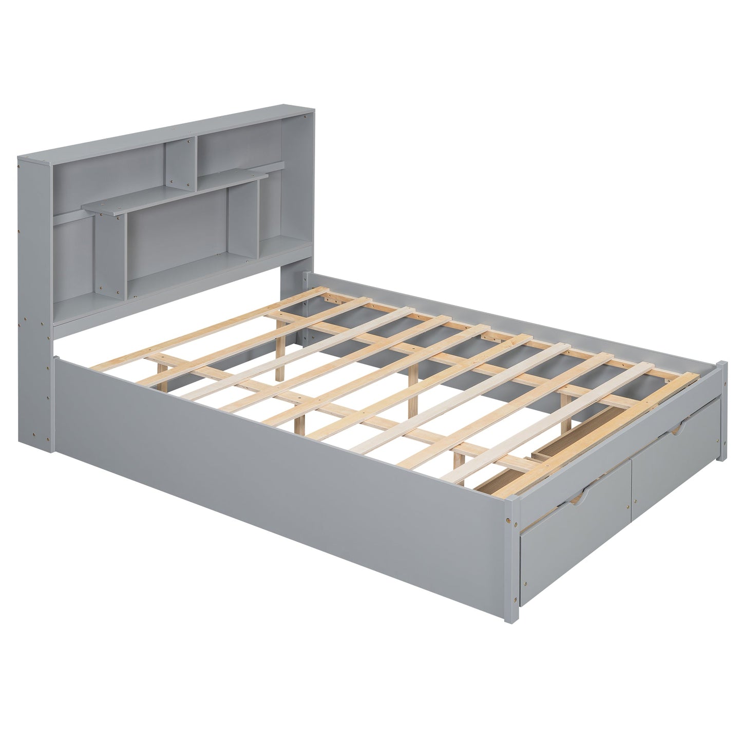 Elegant Queen Size Platform Bed with Storage Headboard, Gray