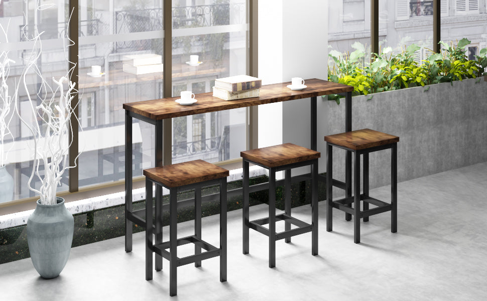 TOPMAX Counter Height Extra Long Dining Table Set with 3 Stools Pub Kitchen Set Side Table with Footrest Brown - Korvel
