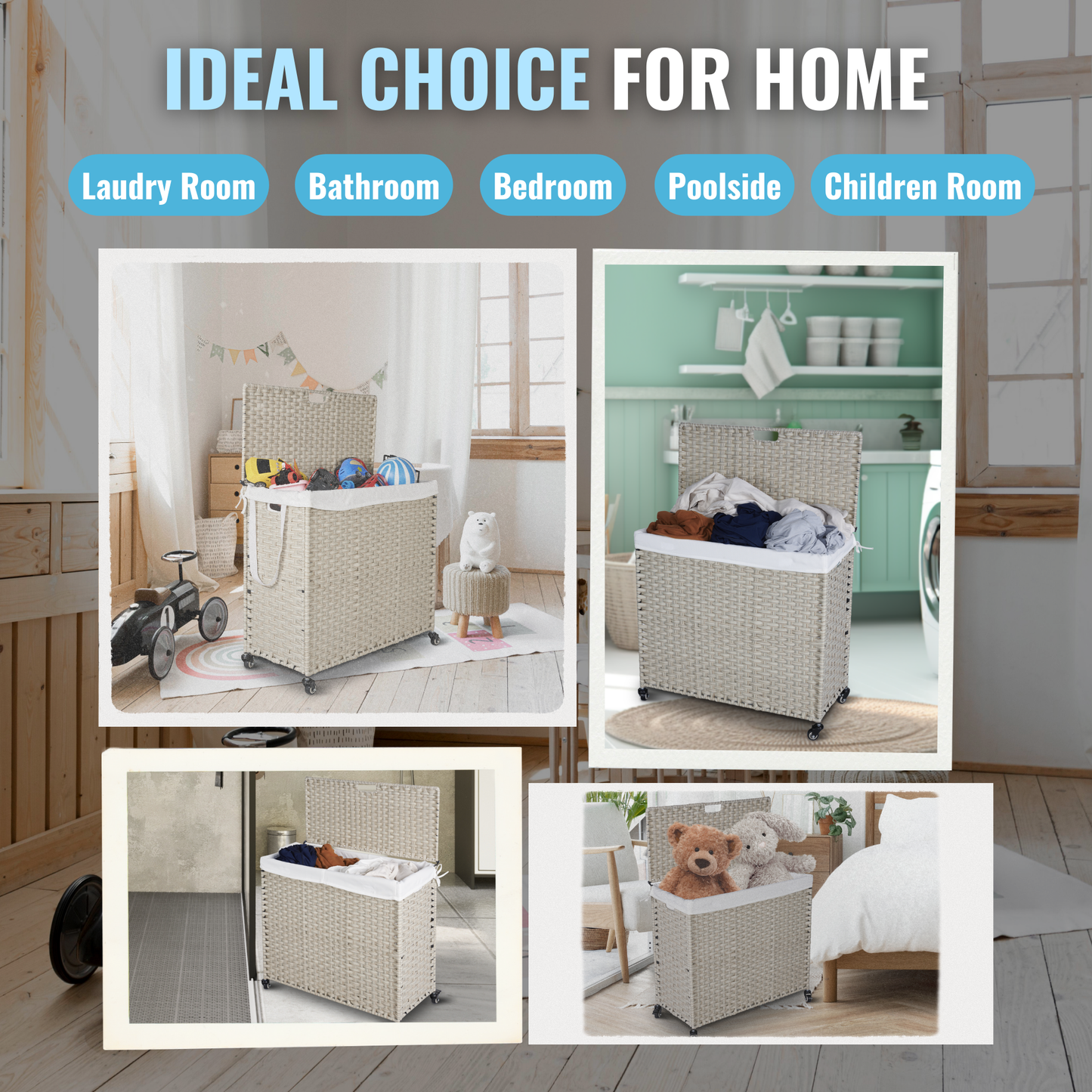 Premium Laundry Hamper with Lid and Wheels - 160L Grey