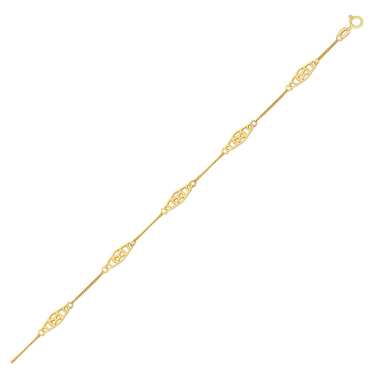14k Yellow Gold Anklet with Filigree Diamond Shape Stations