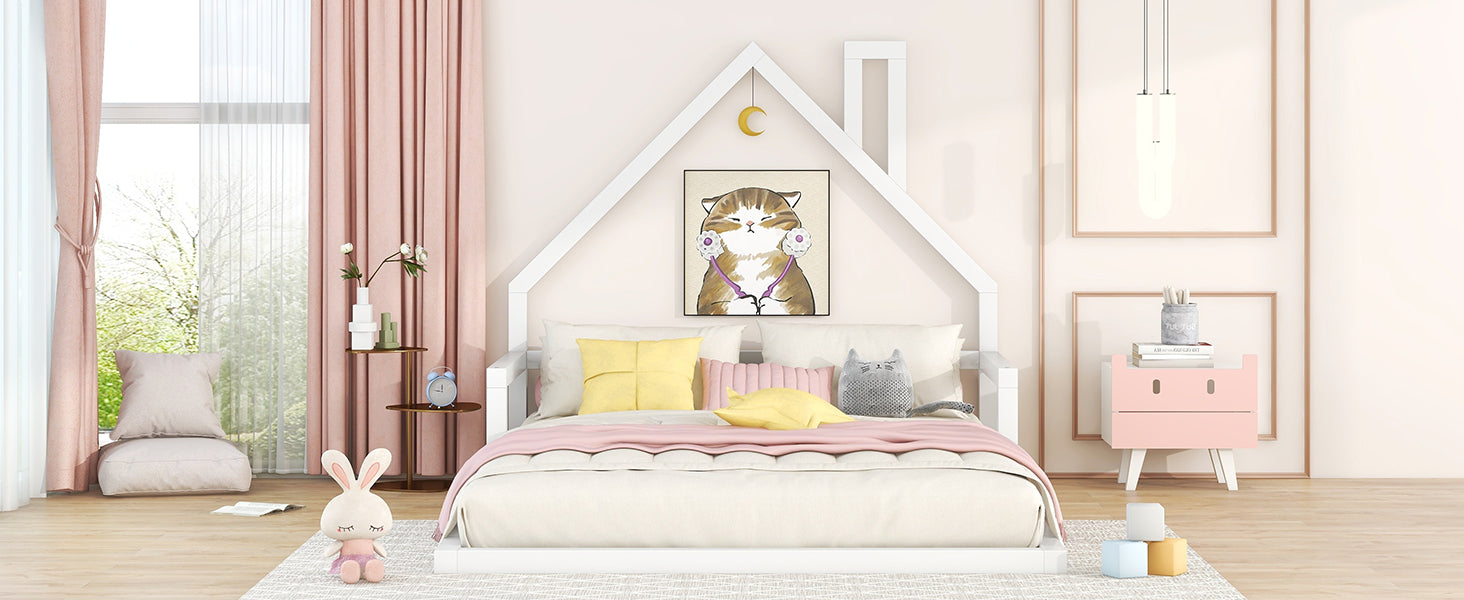 Full Size Wood Floor Bed with House-shaped Headboard  White - Korvel