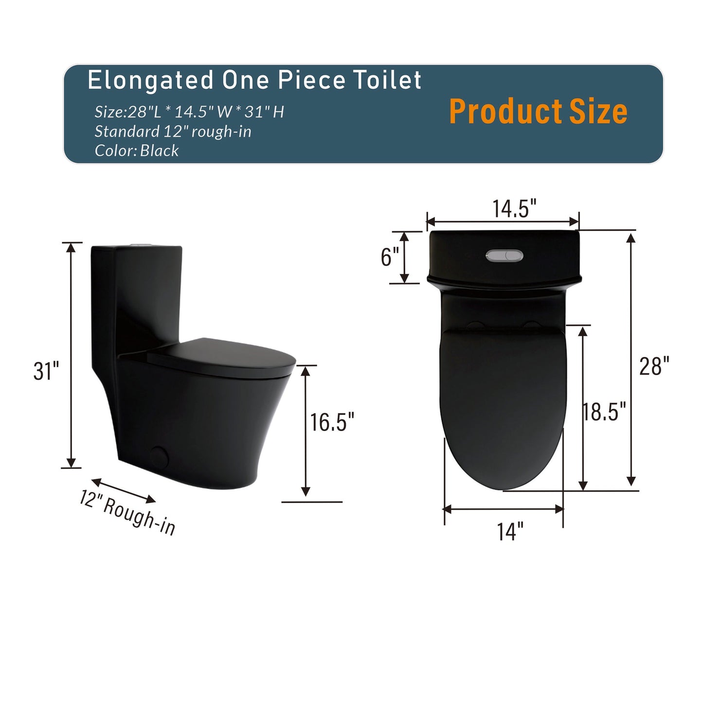 Matte Black Elongated One Piece Toilet Dual Flush 1.1/1.6 GPF Water Saving Map 1000g,Matte Black - Korvel