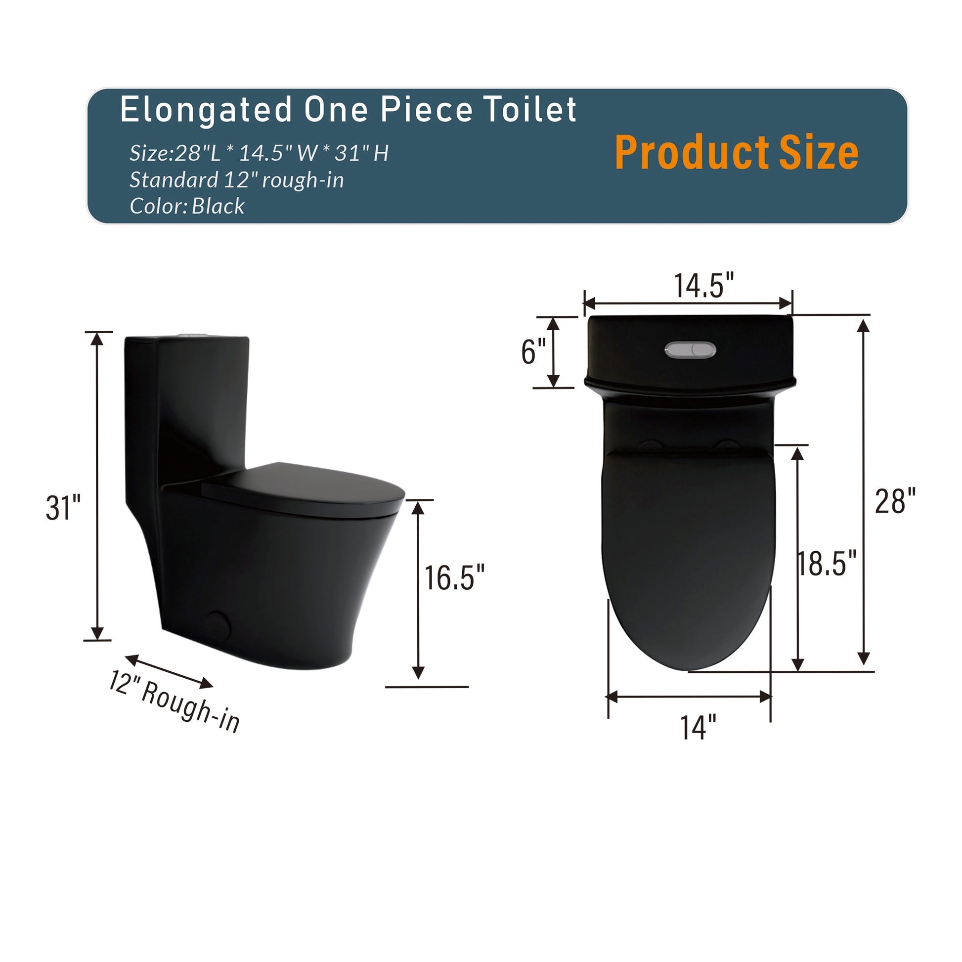 Matte Black Elongated One Piece Toilet Dual Flush 1.1/1.6 GPF Water Saving Map 1000g,Matte Black - Korvel