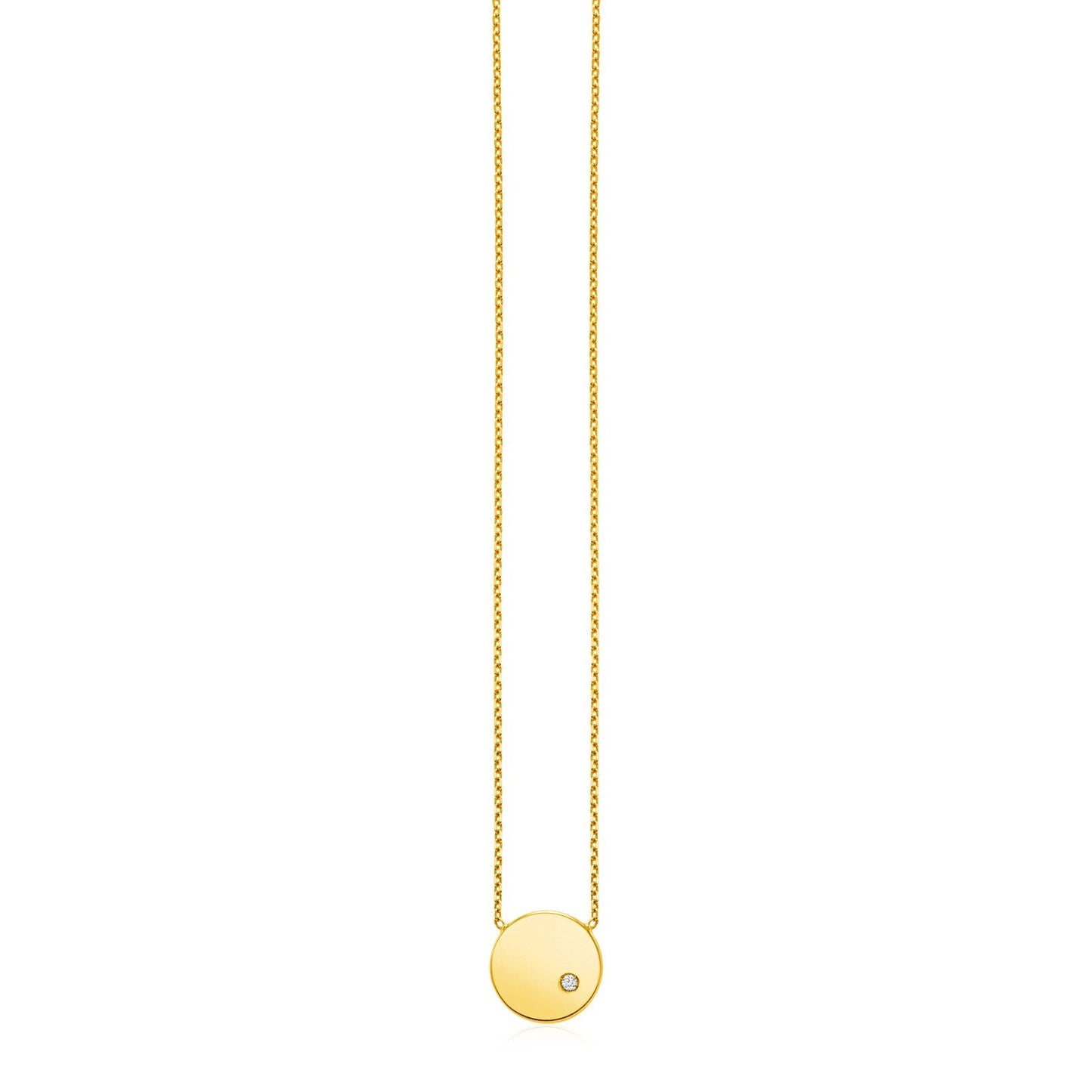 Collier en or jaune 14 carats avec pendentif rond poli et diamant