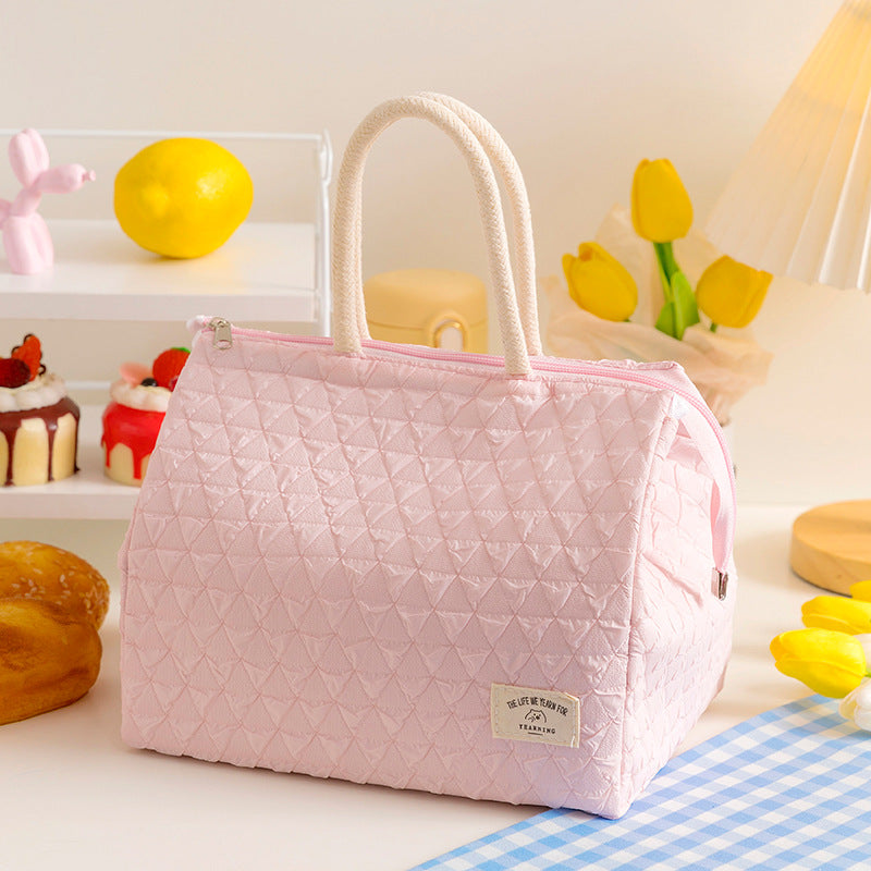 ins style small fresh outdoor large capacity picnic insulation and cold storage bag fashionable diamond pattern zipper lunch box bag student lunch bag - Korvel