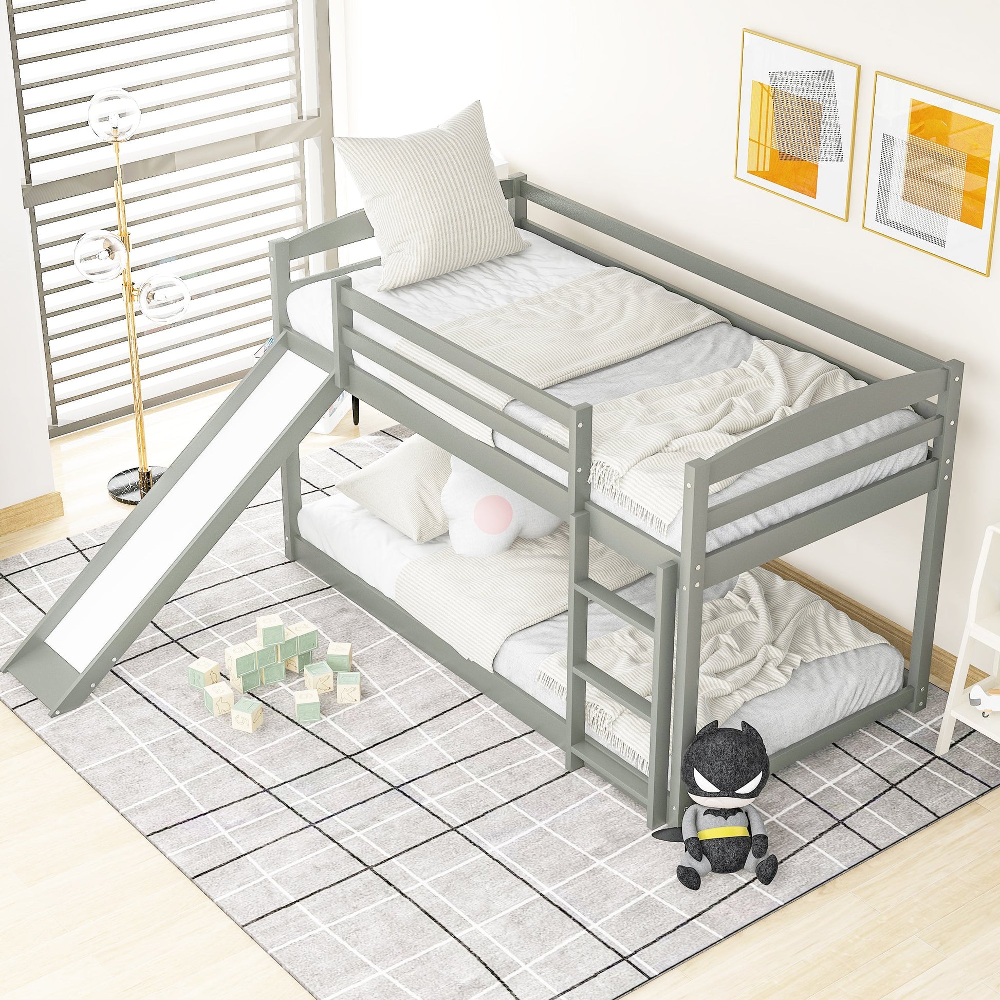 Twin over Twin Bunk Bed with Convertible Slide and Ladder Gray - Korvel