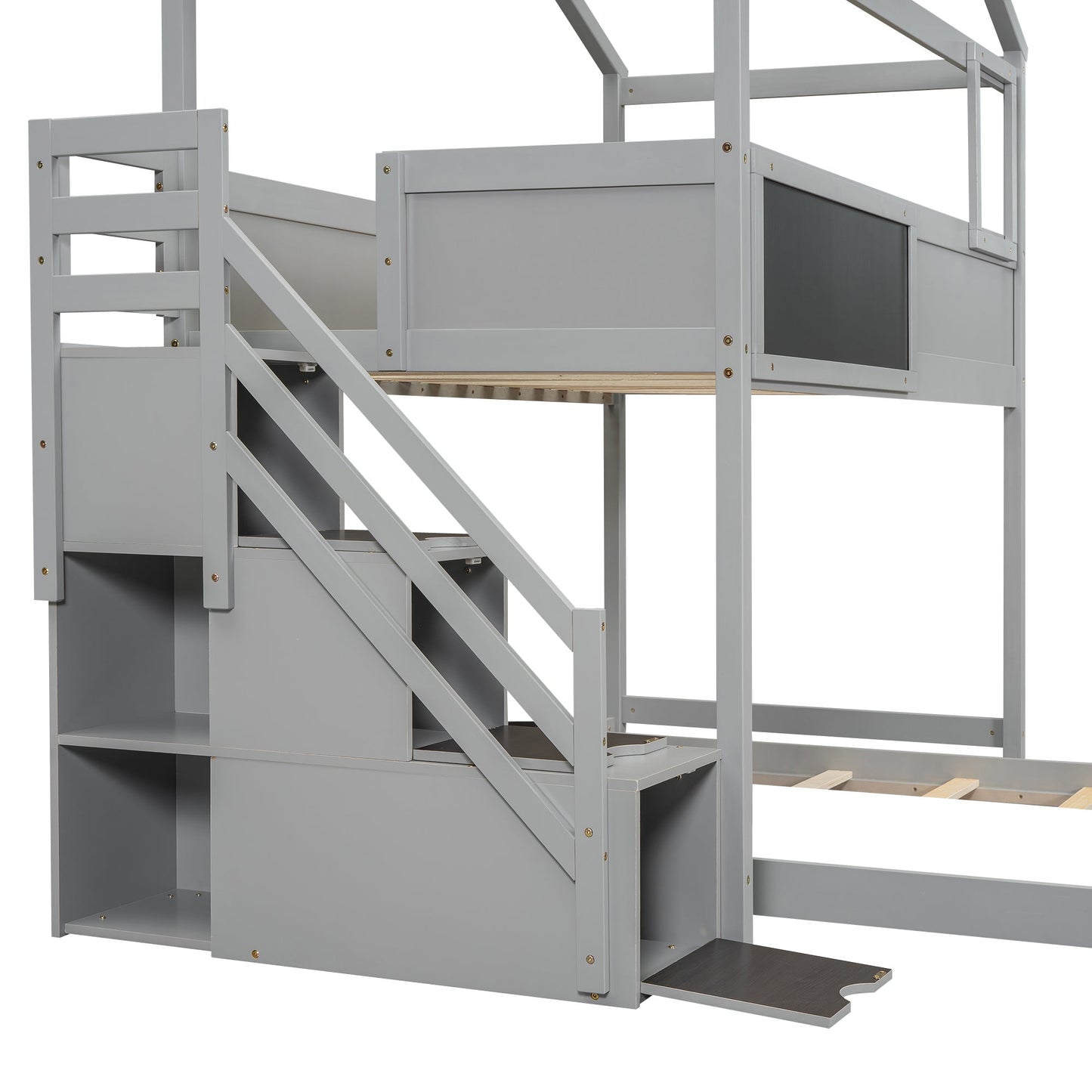 Twin over Full House Bunk Bed with Storage Staircase and Blackboard Gray - Korvel