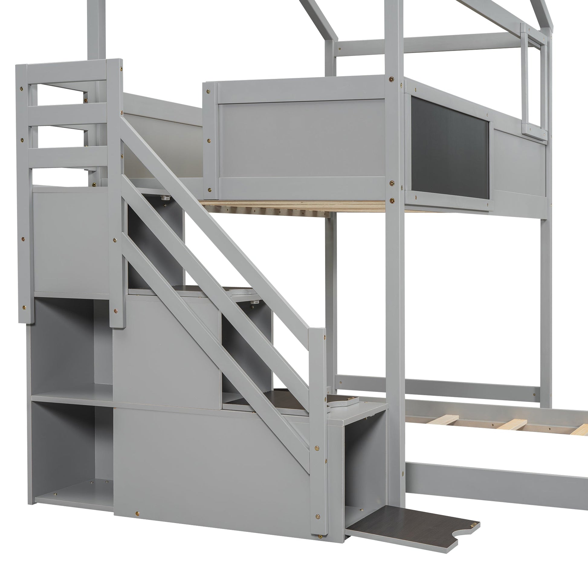 Twin over Full House Bunk Bed with Storage Staircase and Blackboard Gray - Korvel