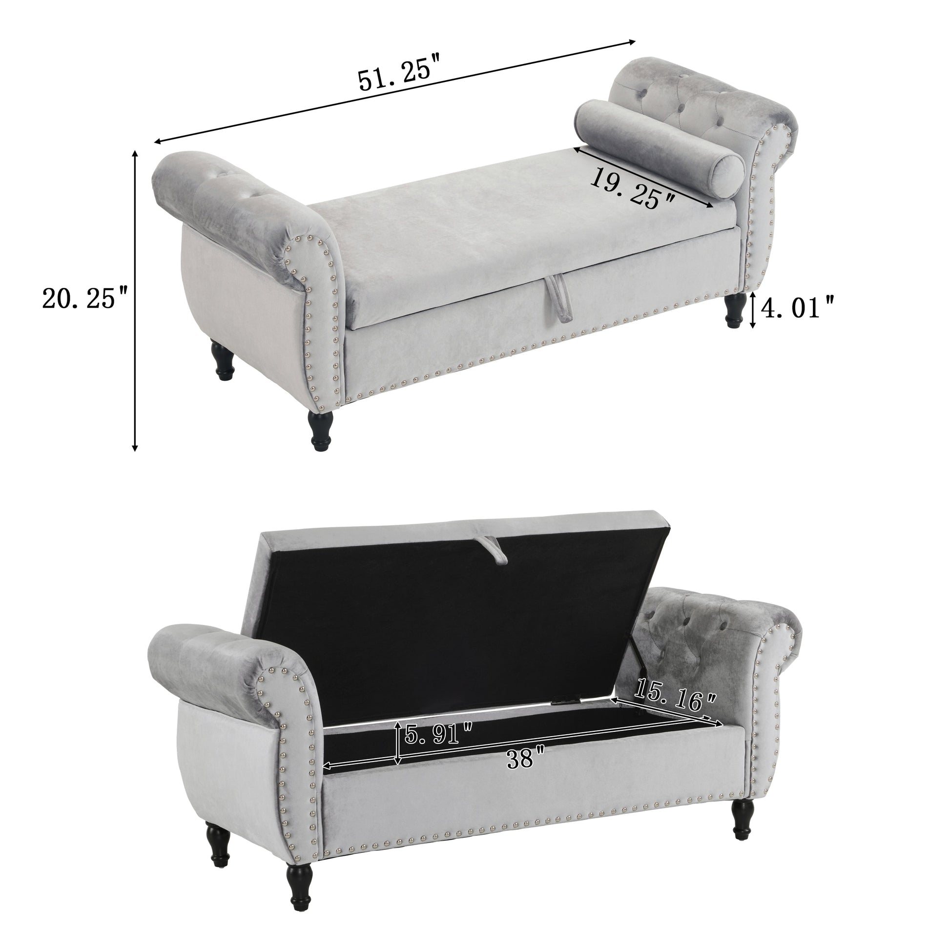 Velvet Multifunctional Storage Rectangular ottoman bench with 1 Pillow, grey - Korvel