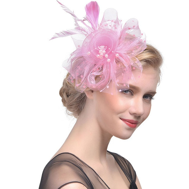 WELROG Feather Cap Lady Cocktail Dinner Party Fedoras Wedding Bridal Mesh Veil Hats Vintage Sombreros Chapeau Fascinators Hat - Korvel
