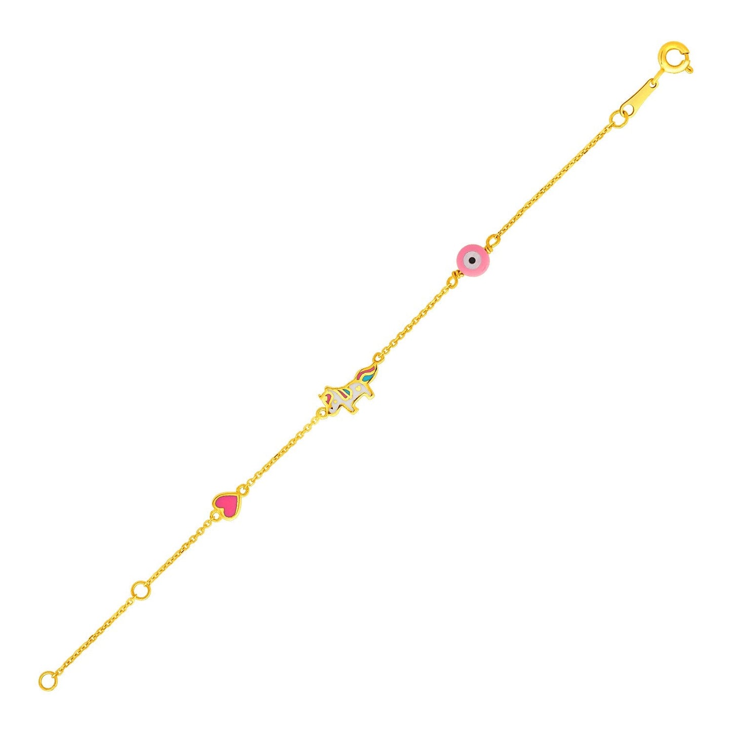 Bracelet pour enfants en or jaune 14 carats avec cœur émaillé et licorne