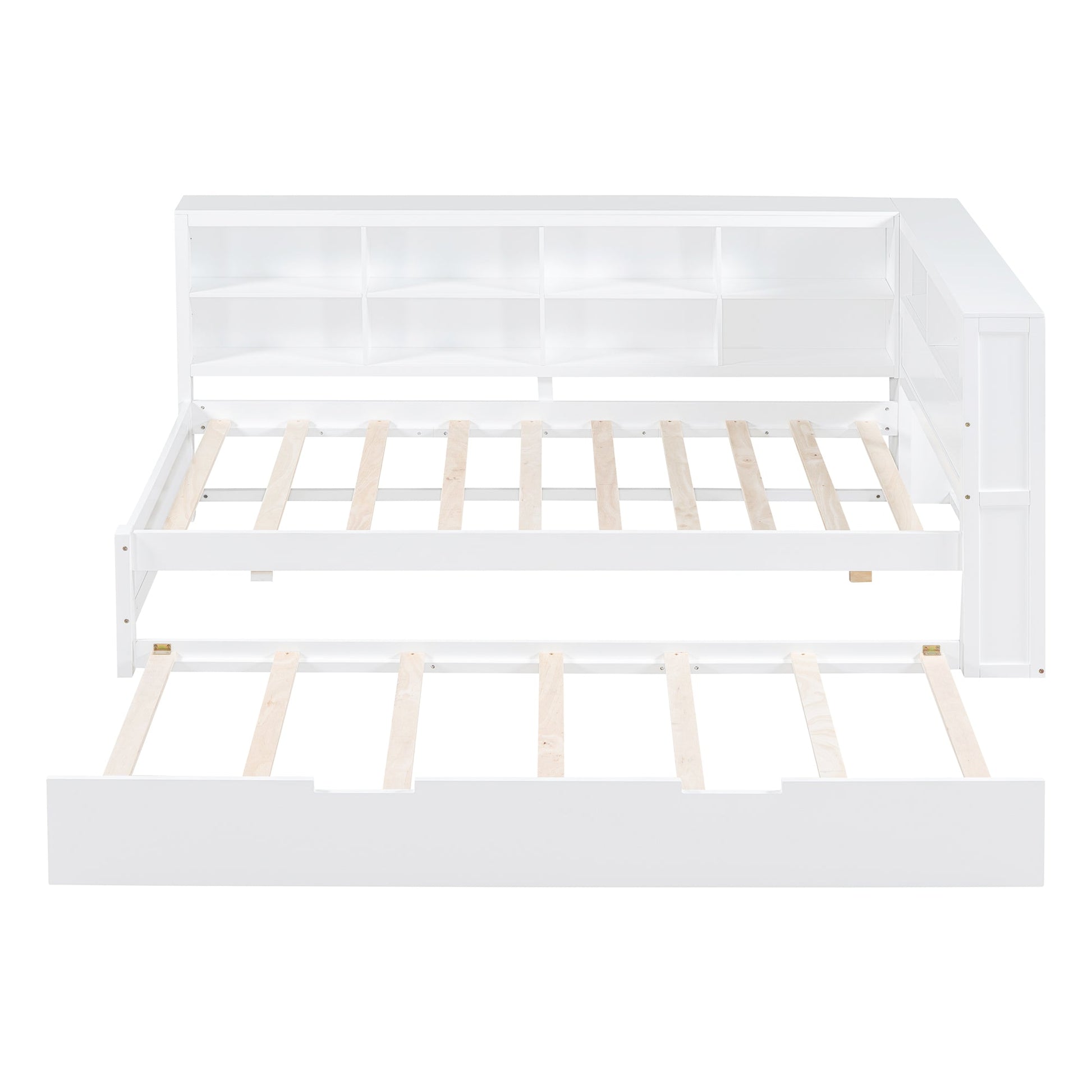 Wooden Twin Size DayBed with Twin Trundle, DayBed with Storage Shelf and USB Charging Ports,White - Korvel