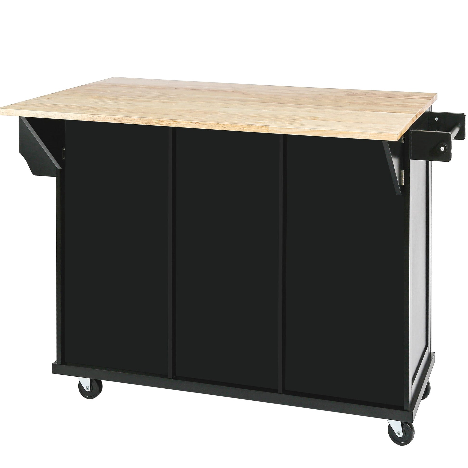 Kitchen trolley with rubber wood leaf countertop, 5-wheel kitchen island, storage cabinet and 3 dining drawers, black - Korvel