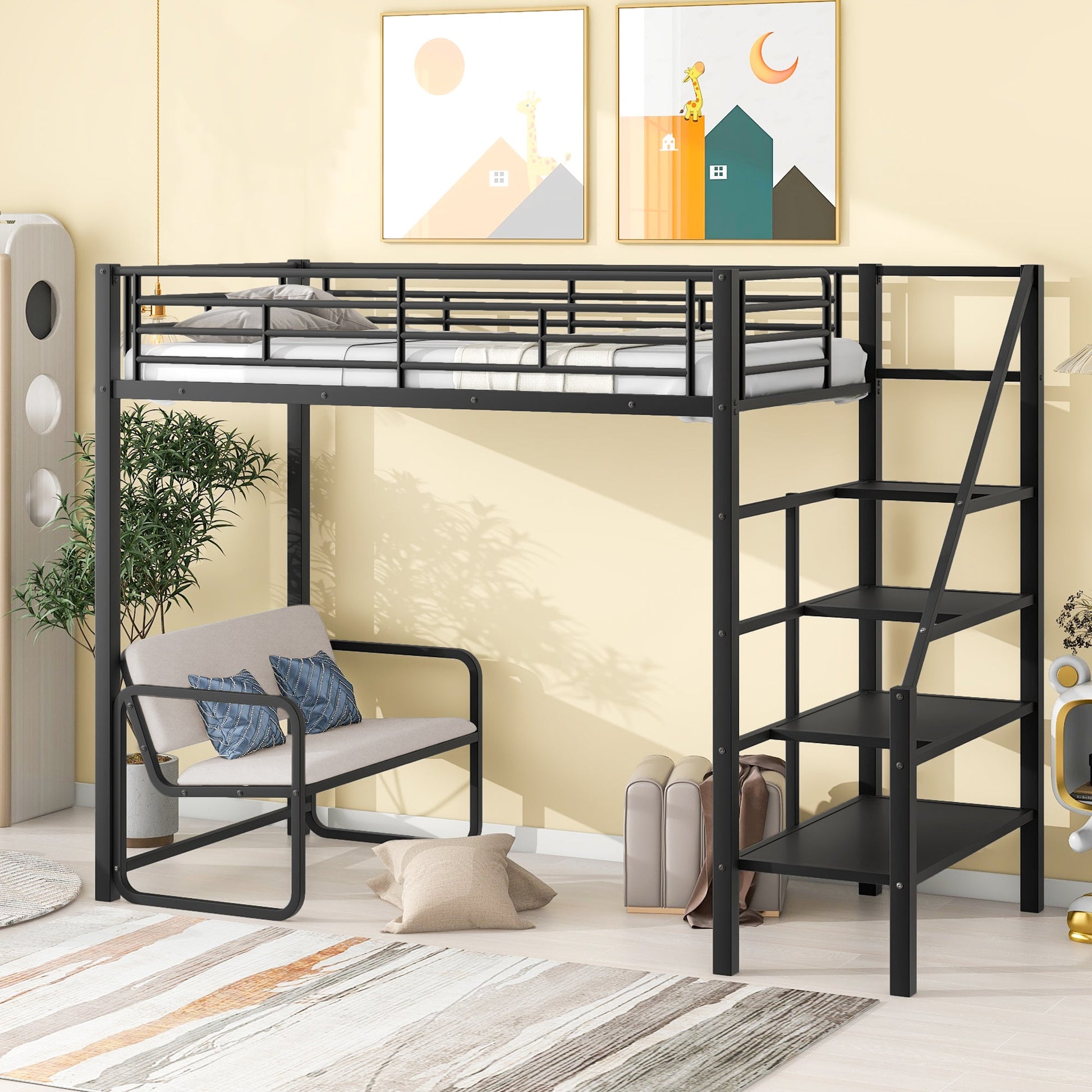 Twin Size Metal Loft Bed with Bench and Storage Staircase  Black - Korvel