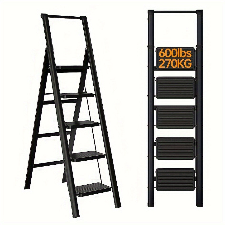 5-step ladder folding stool with anti slip wide pedals, lightweight and easy to carry handle folding ladder - Korvel