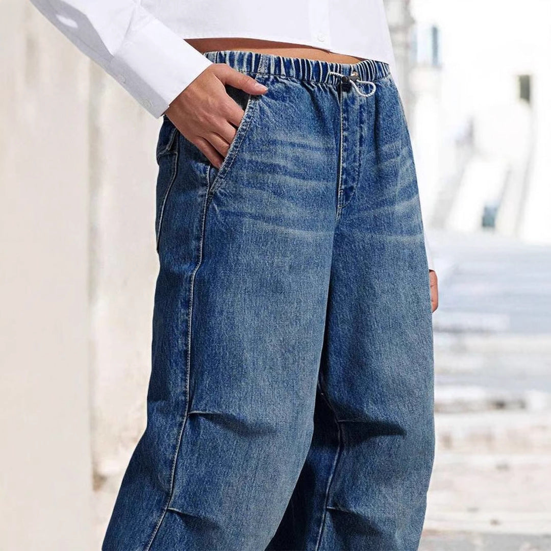 Jeans larges plissés taille mi-haute pour femmes