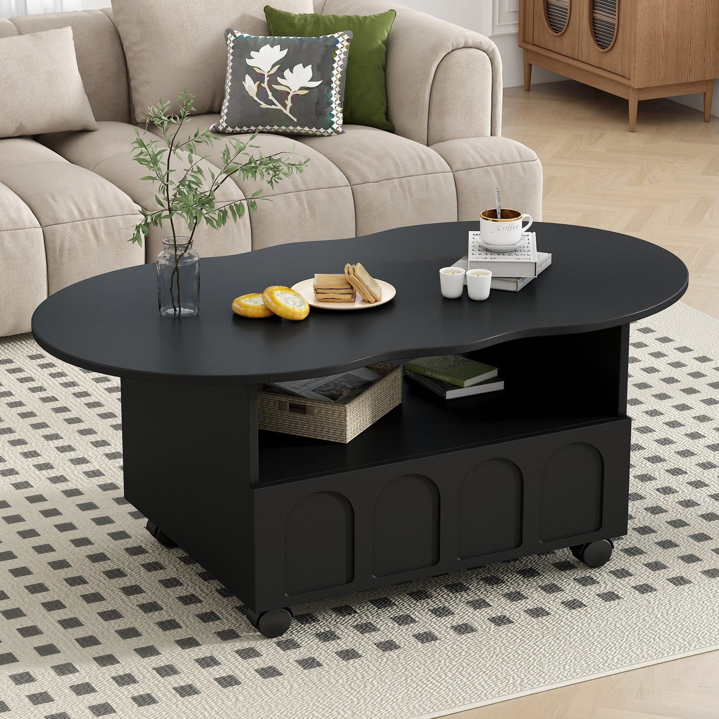 ON-TRANS flexible cream style coffee table with 2 brake wheels, drawers, large storage space,black, 39.37 '' x 23.6 '' - Korvel