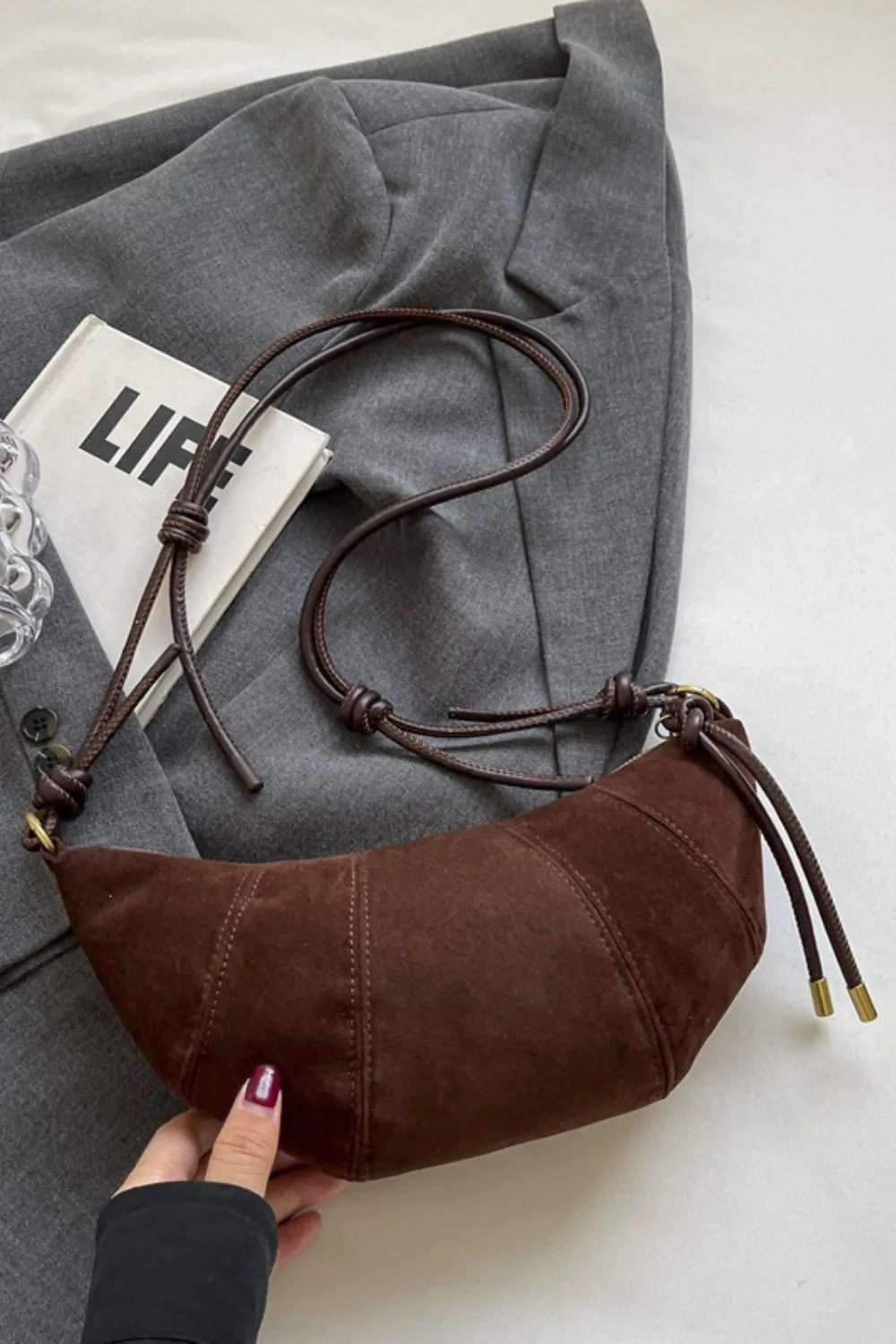 PU Leather Strap Suede Shoulder Bag - Korvel