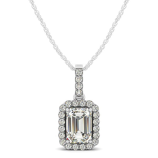 Colgante Halo con Diamante Central Esmeralda en Oro Blanco de 14k