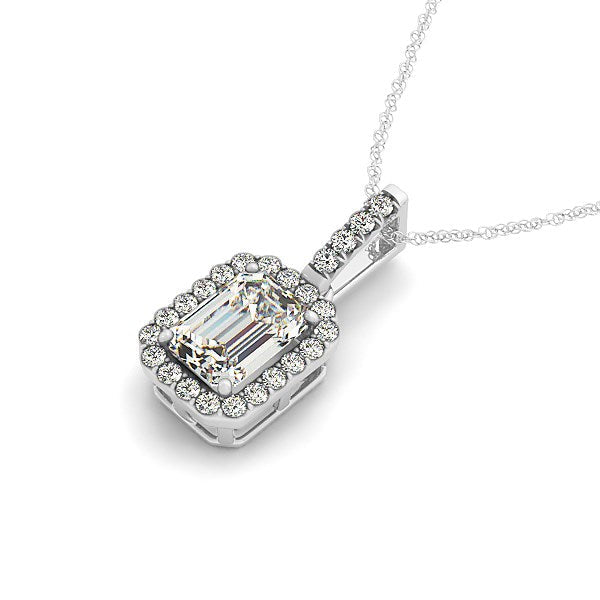 Colgante Halo con Diamante Central Esmeralda en Oro Blanco de 14k