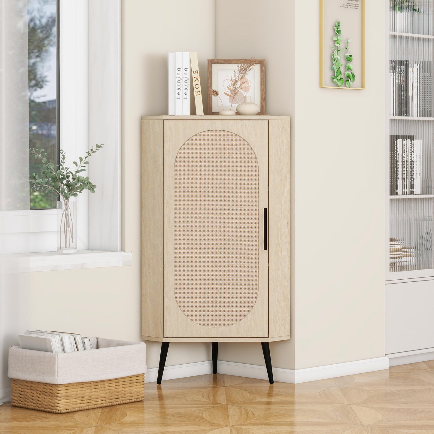 Elegant Freestanding Corner Cabinet with Rattan Doors