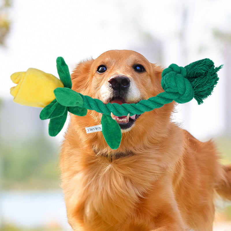 Dog Toy Rose Flower Plush Durable Biting Tooth Cleaning Cotton Rope Knot Crinkle Sound Self-Entertainment Interactive Pet Product - Korvel