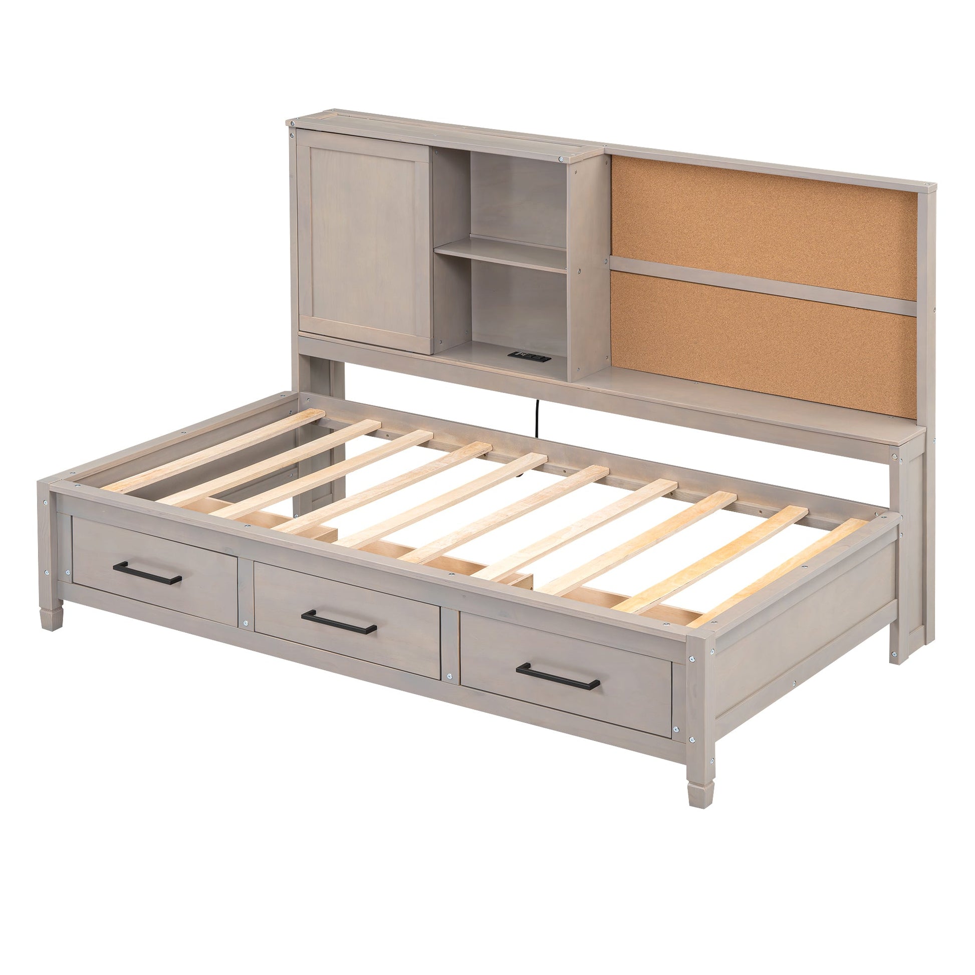 Twin Size Lounge Daybed with Storage Shelves, Cork Board, USB Ports and 3 Drawers, Antique Gray - Korvel