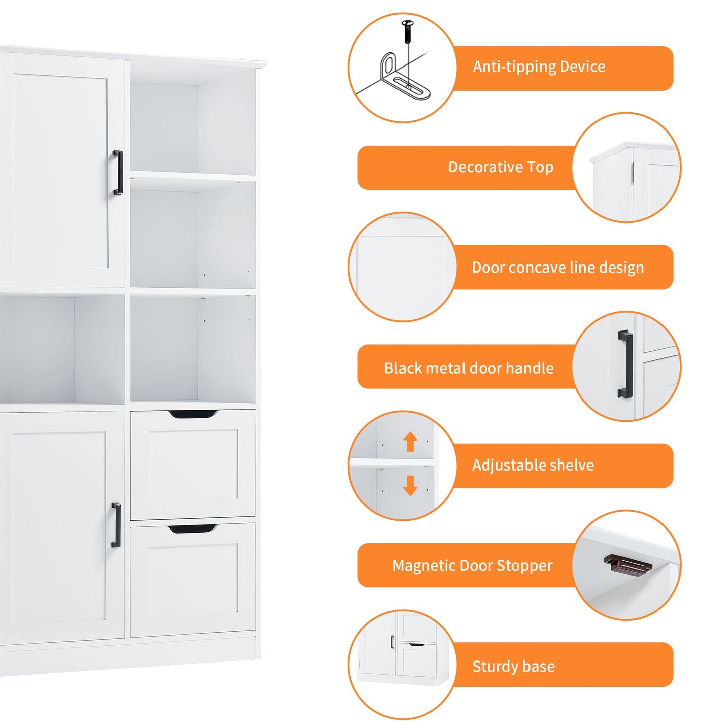 Bathroom storage cabinet with doors and drawers, multiple storage spaces, independent, open adjustable shelves, white - Korvel