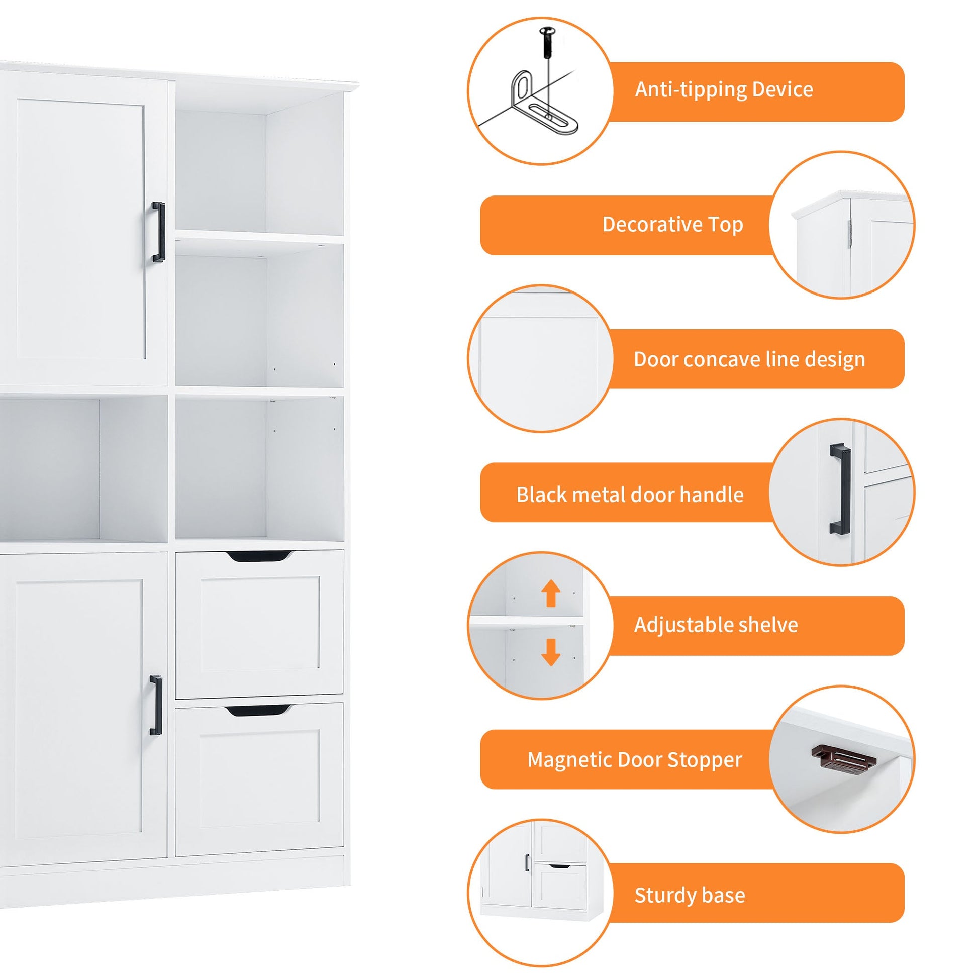 Bathroom storage cabinet with doors and drawers, multiple storage spaces, independent, open adjustable shelves, white - Korvel