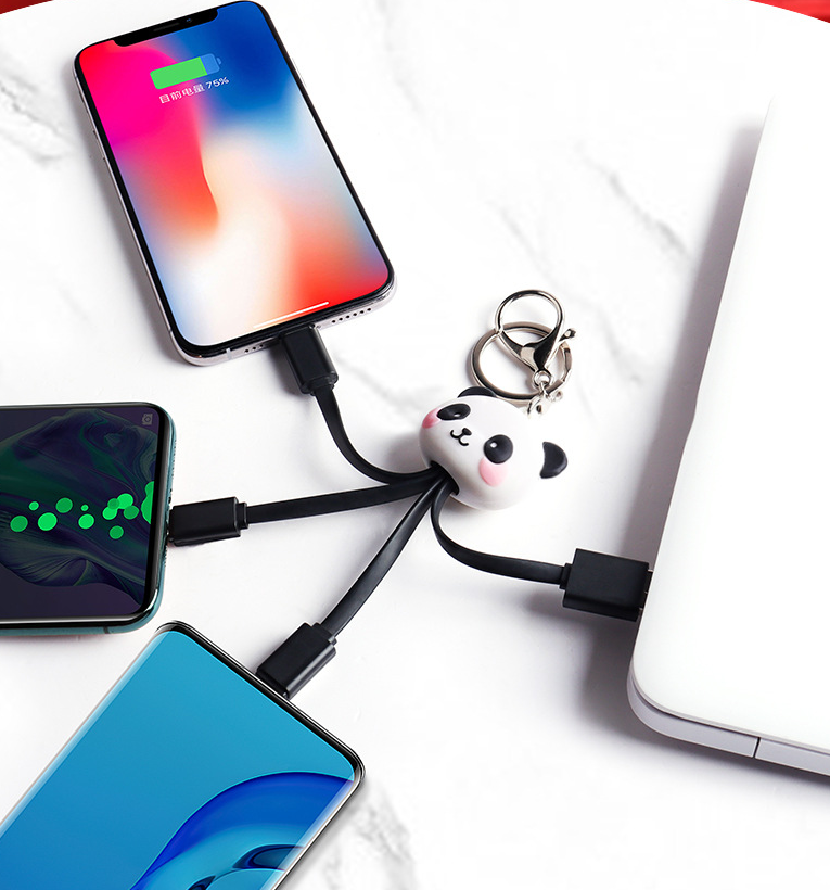 Cartoon Panda One Drag Three Data Wires Cute Keychain Panda Three in One Fast Charging Mobile Phone Charging Cable - Korvel