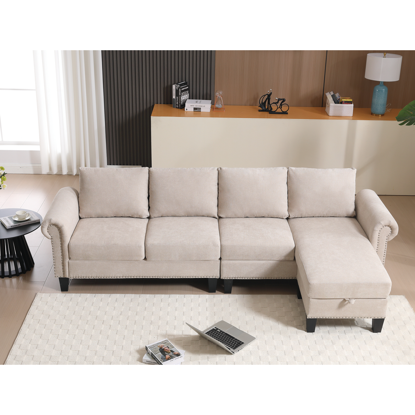 Sofá Seccional Convertible en Forma de L con Almacenamiento - Beige