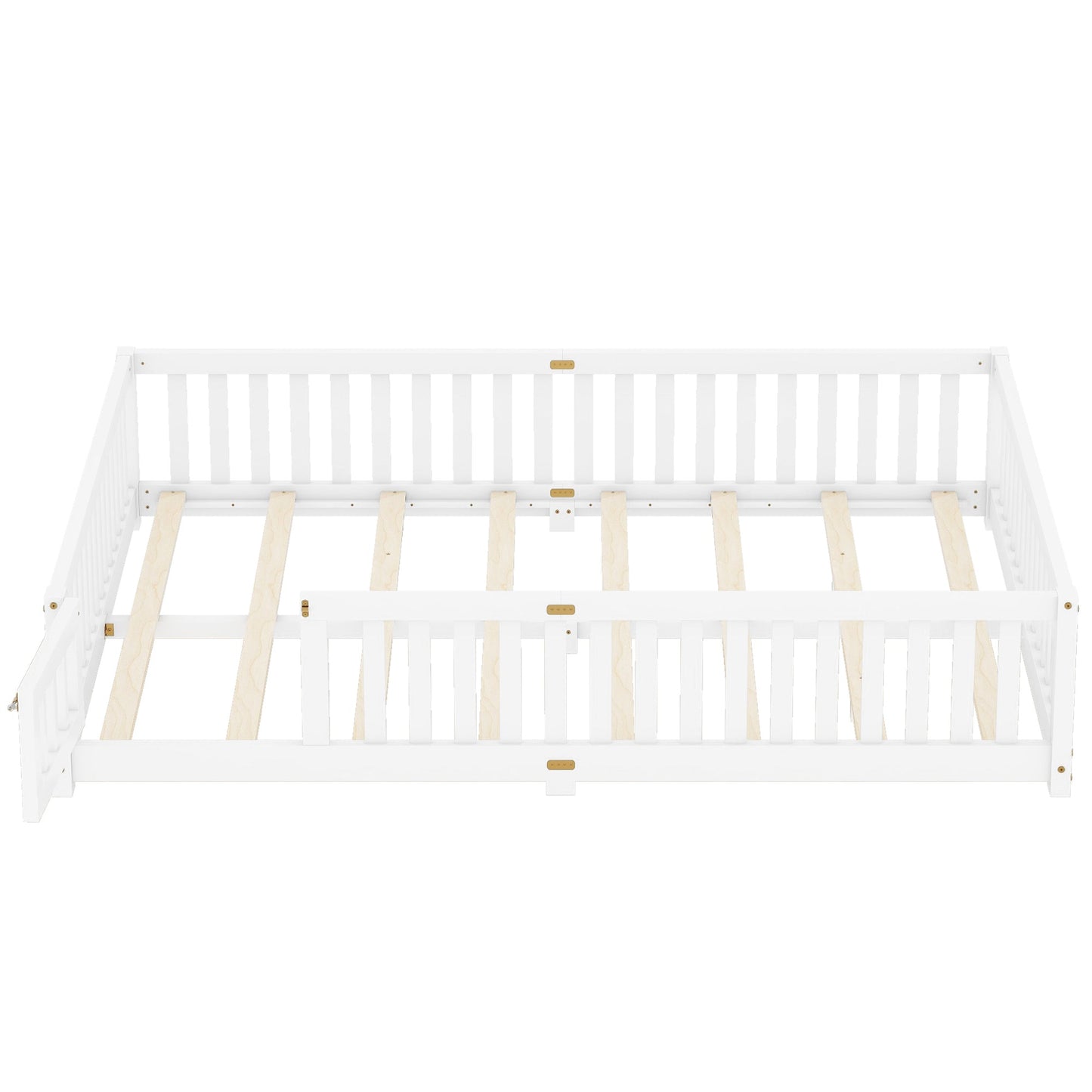 Queen Size Bed Floor Bed with Safety Guardrails and Door for Kids, White - Korvel