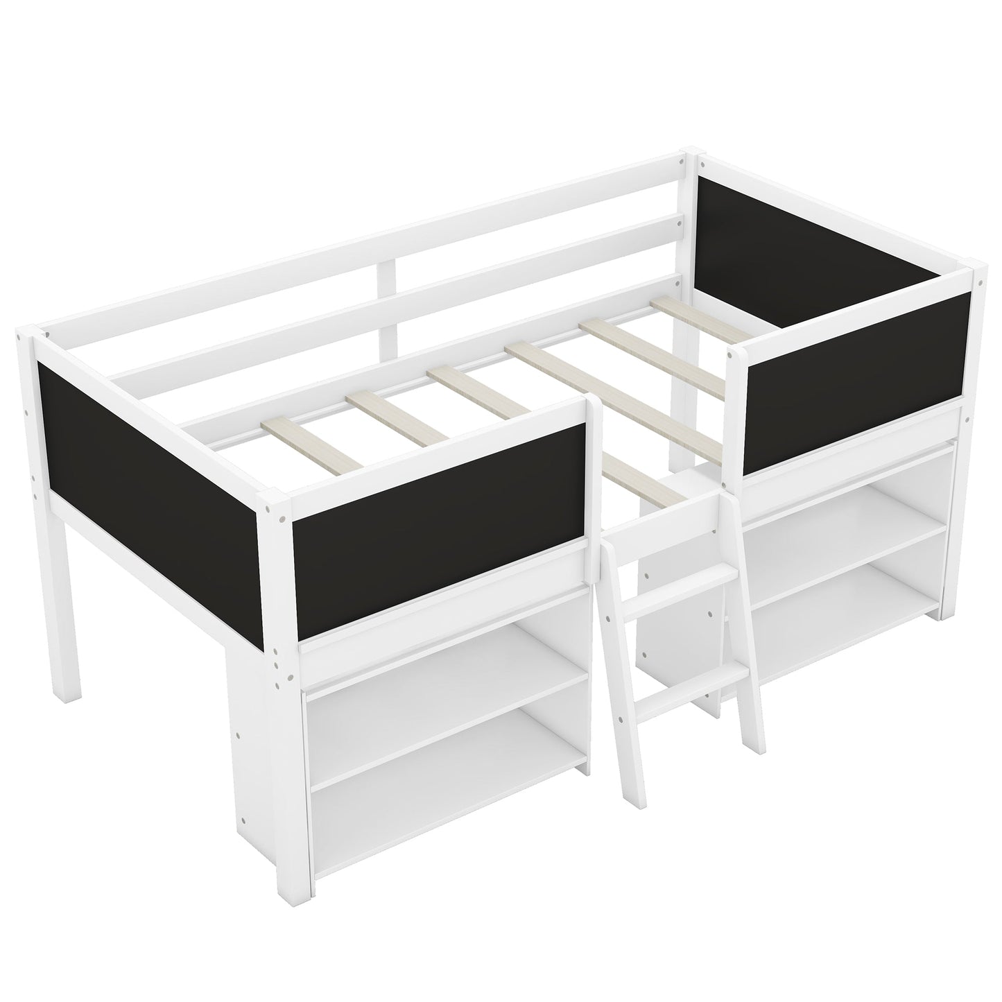 Twin Size Low Loft Bed with Two Movable Shelves and Ladder,with Decorative Guardrail Chalkboard,White - Korvel