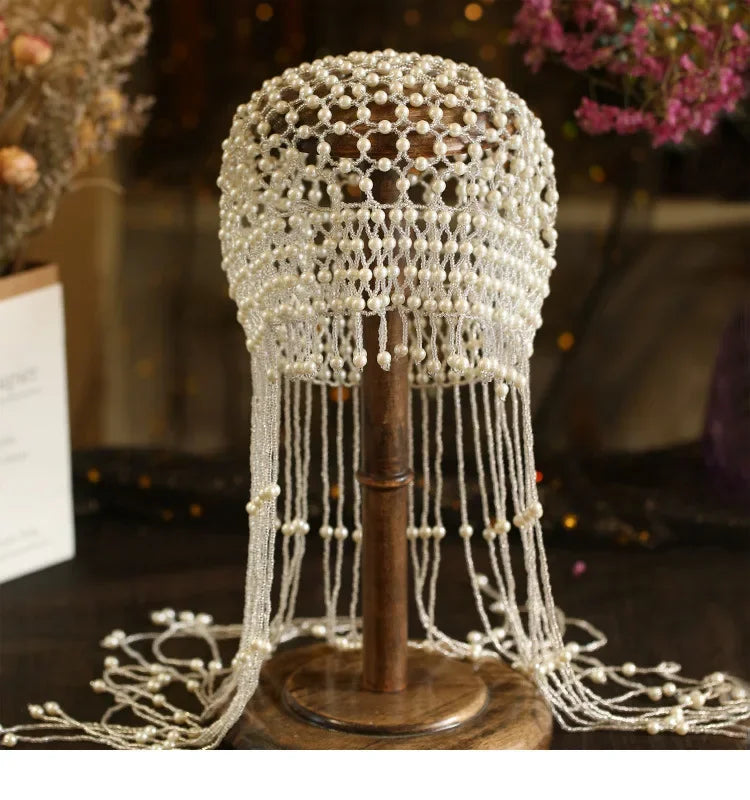 Handmade hollowed out headpiece performance pearl tassel hat - Korvel