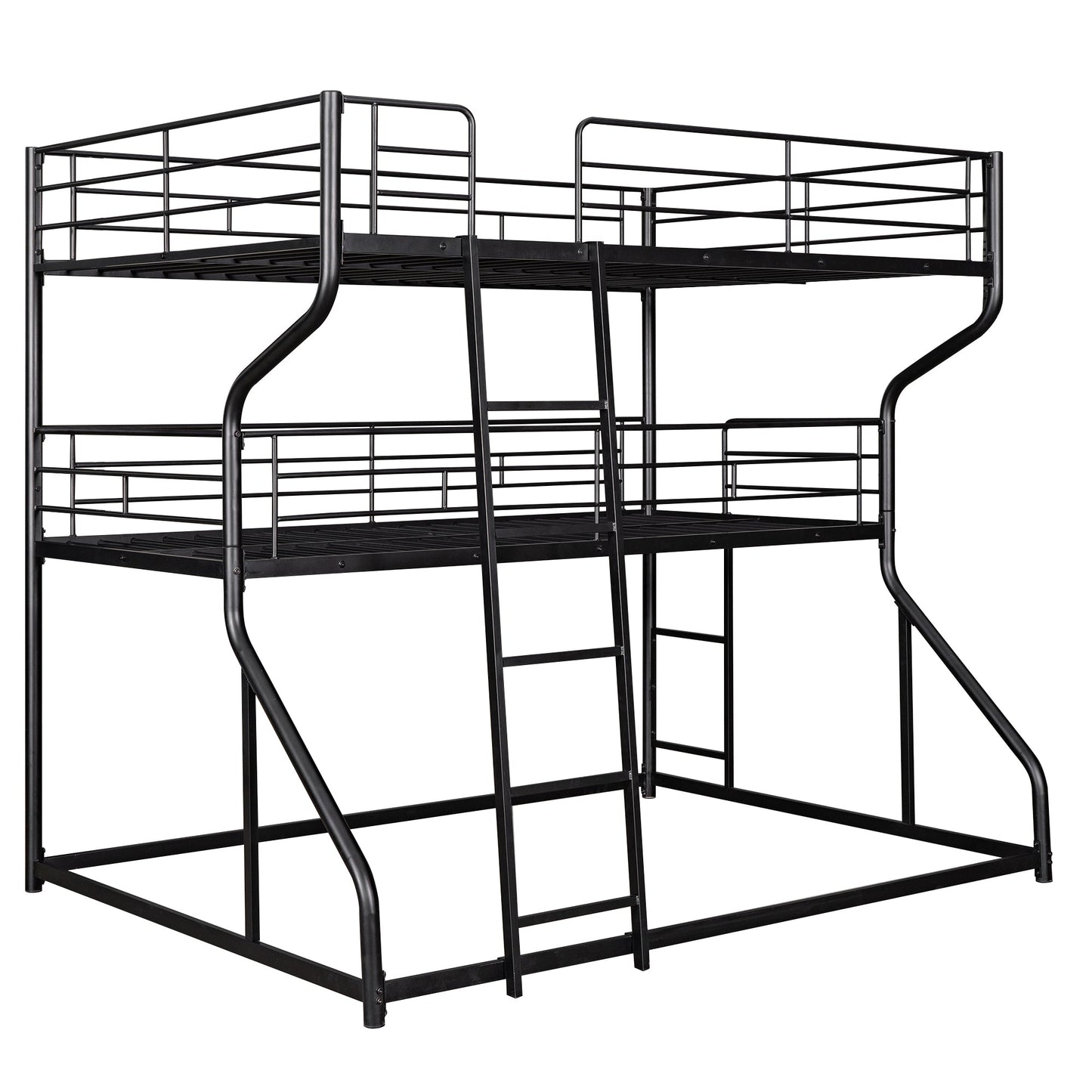 Full XL over Twin XL over Queen Size Triple Bunk Bed with Long and Short Ladder,Black - Korvel
