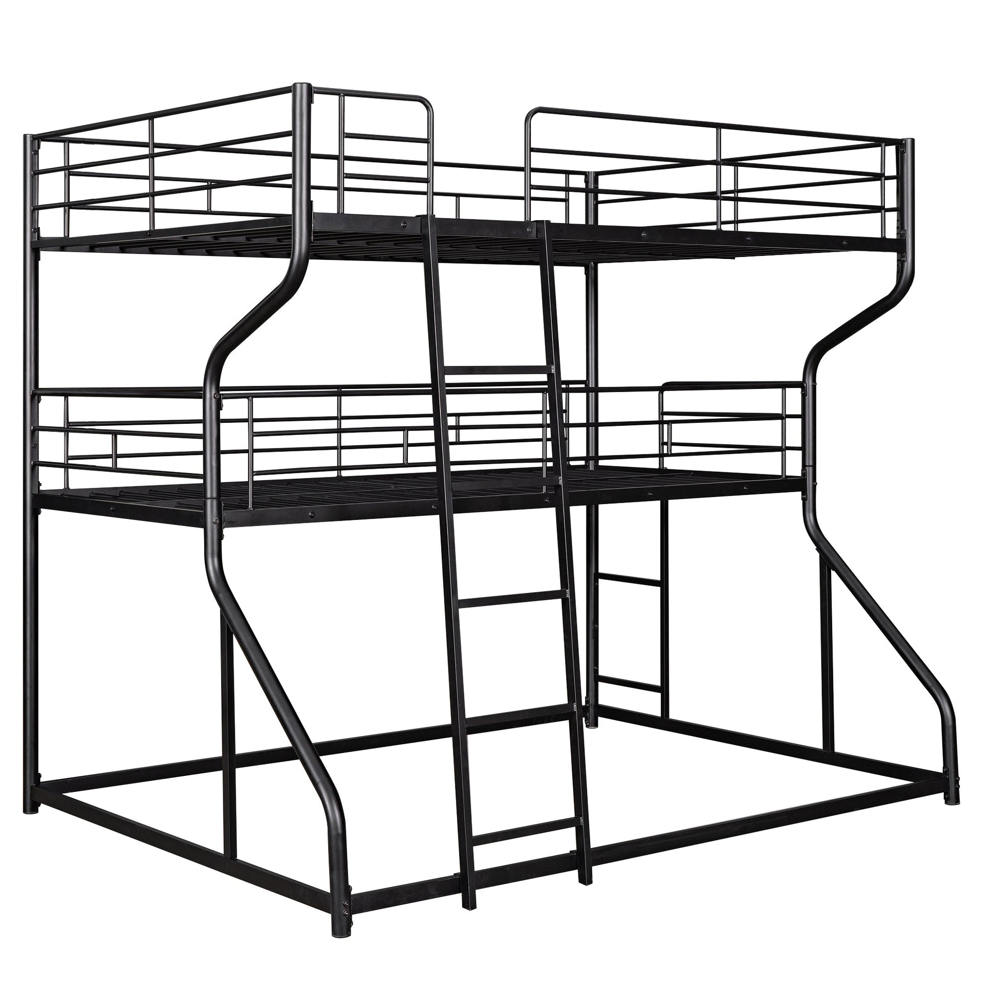 Full XL over Twin XL over Queen Size Triple Bunk Bed with Long and Short Ladder,Black - Korvel