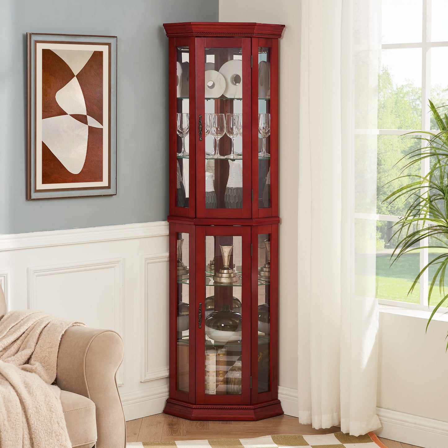 Corner Curio cabinet with illuminated glass display stand and tempered glass door, with adjustable bracket and light bulb - Korvel