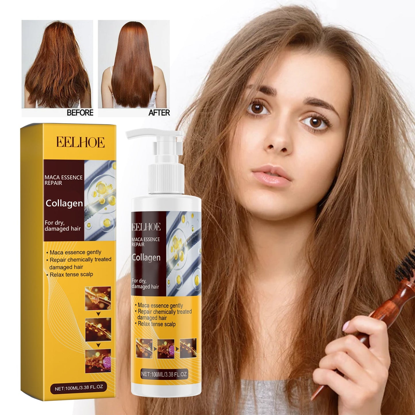 Maca Essence Repair Collagen, Repair Damaged Hair Reduces Split Ends Deep Clean Smooth And Shiny - Korvel