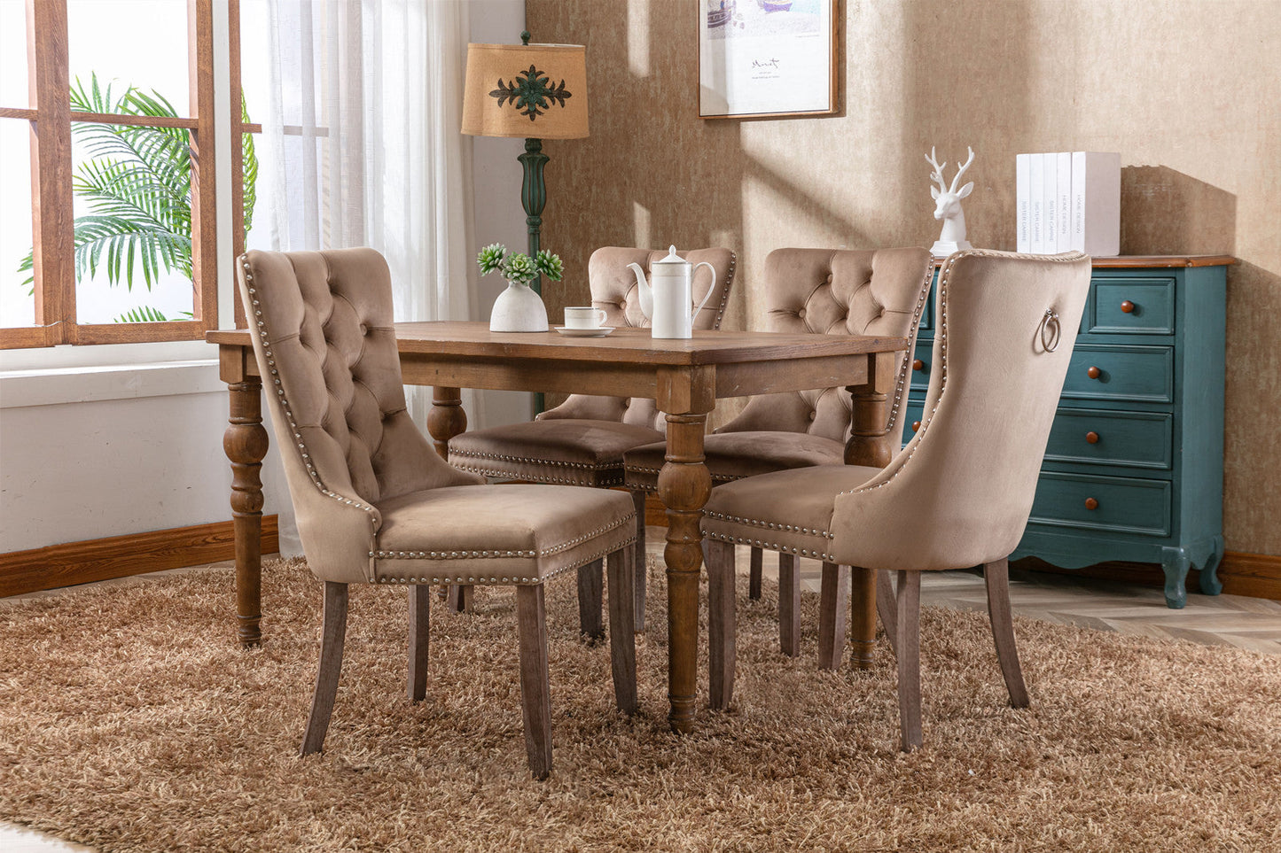 High-end Tufted Solid Wood Contemporary Velvet Upholstered Dining Chair with Wood Legs Nailhead Trim 2-Pcs Set Khaki - Korvel