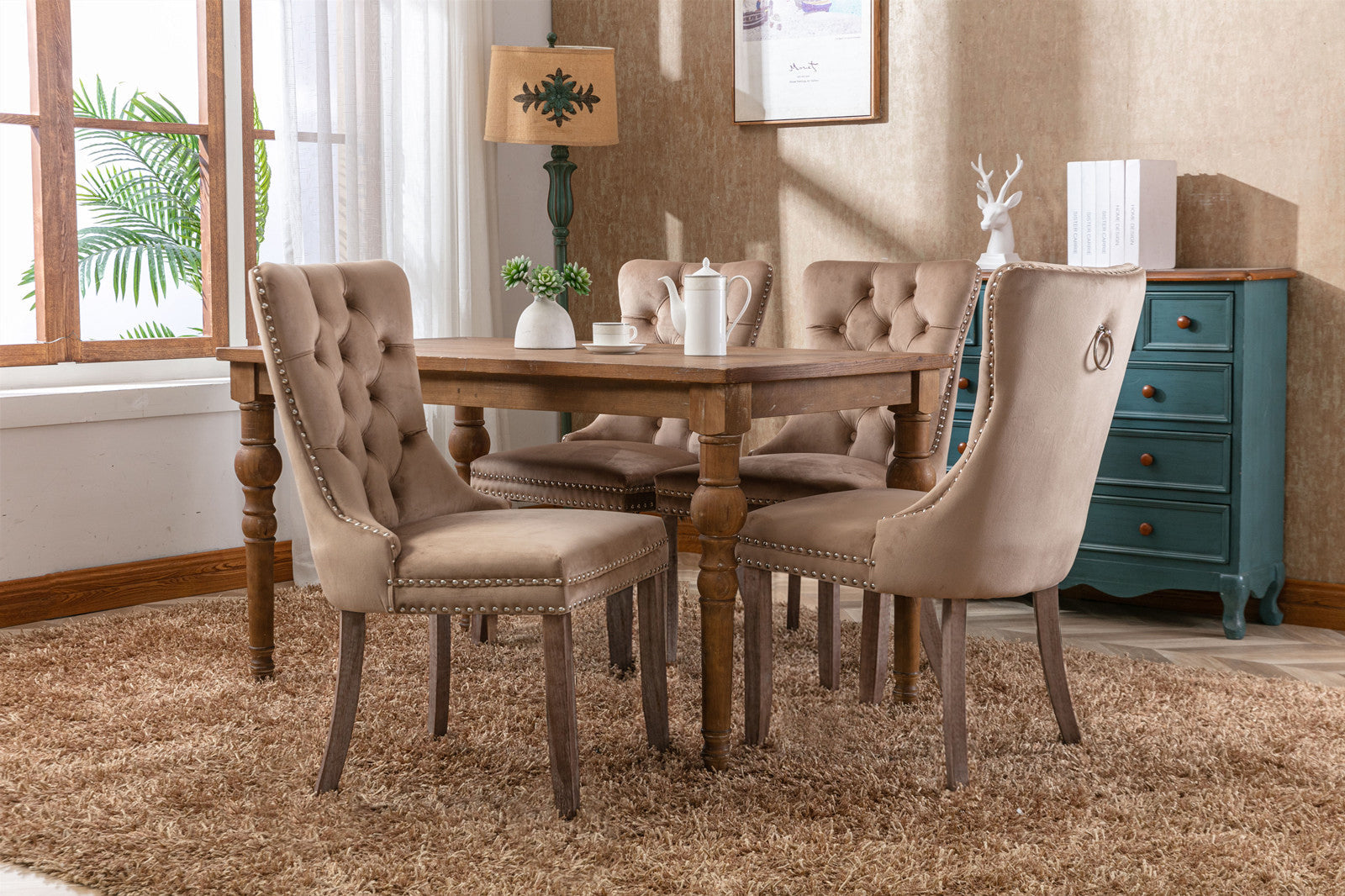High-end Tufted Solid Wood Contemporary Velvet Upholstered Dining Chair with Wood Legs Nailhead Trim 2-Pcs Set Khaki - Korvel