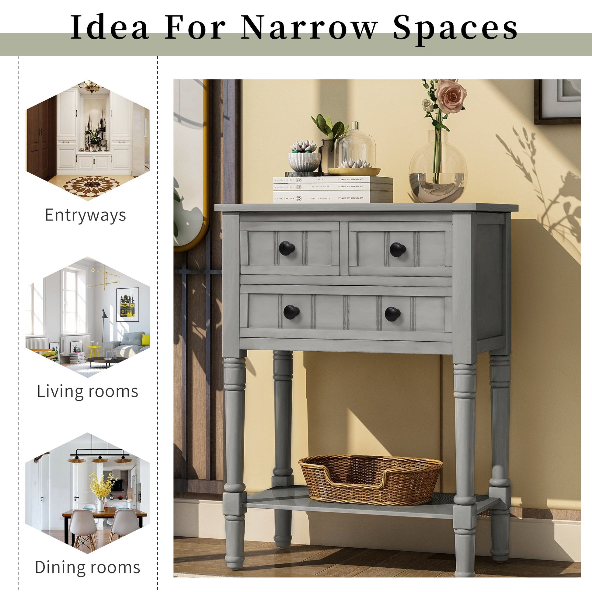 TREXM Narrow Console Desk, Thin Sofa Table with Three Storage Drawers and Living Room Bottom Shelves (Grey Washed) - Korvel