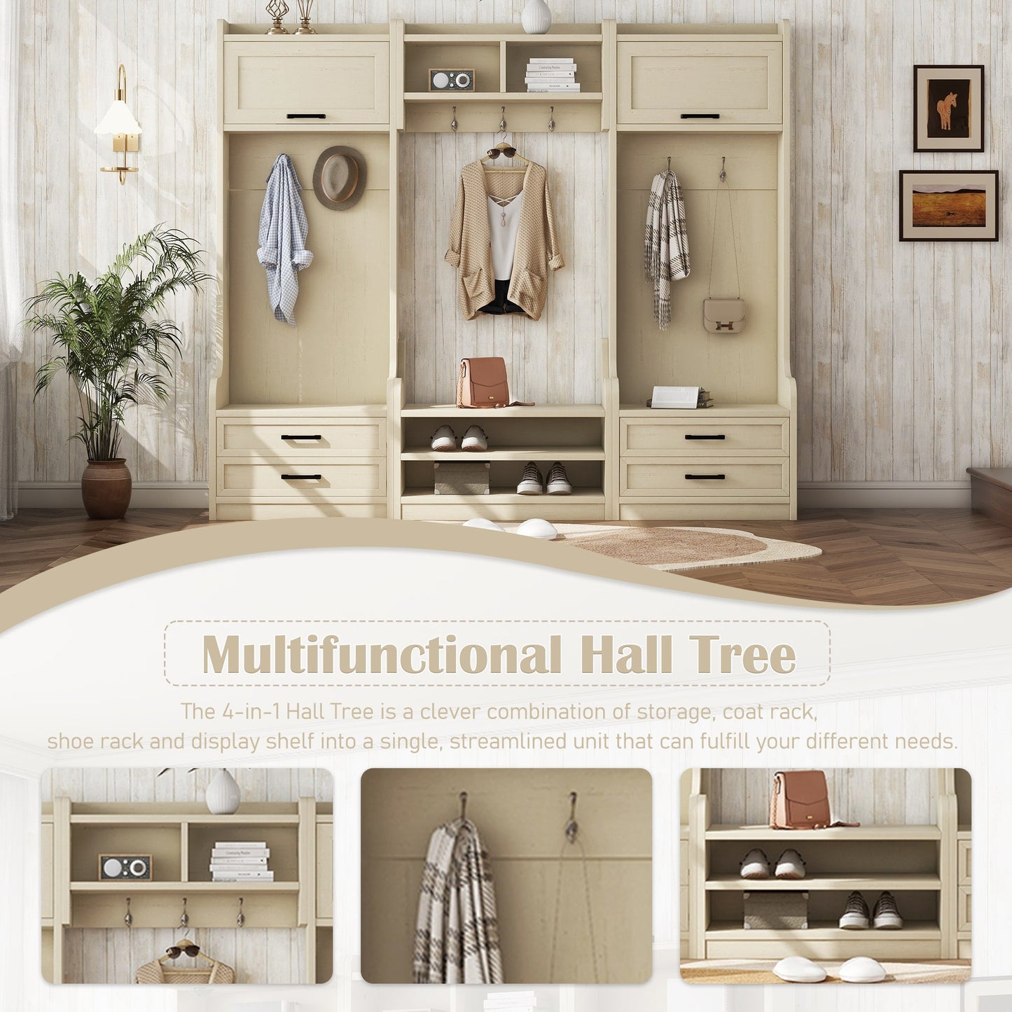 Four in one detachable hall tree with drawers and cabinets, 7 hooks, multifunctional corridor hangers, antique beige shoe stools - Korvel